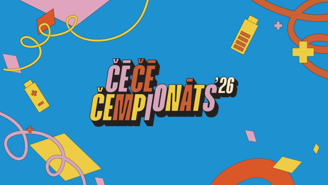 Čē Čē čempionāta logo uz zila fona ar zīmējumiem