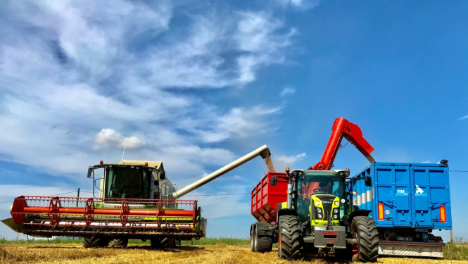 Kombains un traktors uz lauka ražas laikā