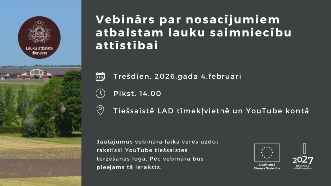 kreisajā pusē lauku skats ar apartu zemi un fermu tālumā, labajā pusē pelēks fons uz kura informācija par vebināra norises laiku un apaksā logo