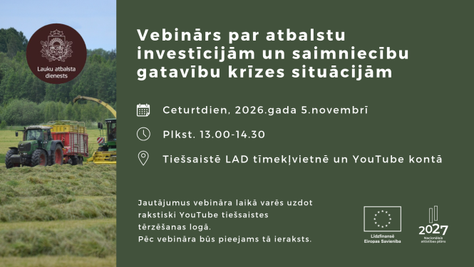 informācijas teksts par vebināru, kreisajā pusē attēls ar traktoru, kas vāc sienu, virs tā logo