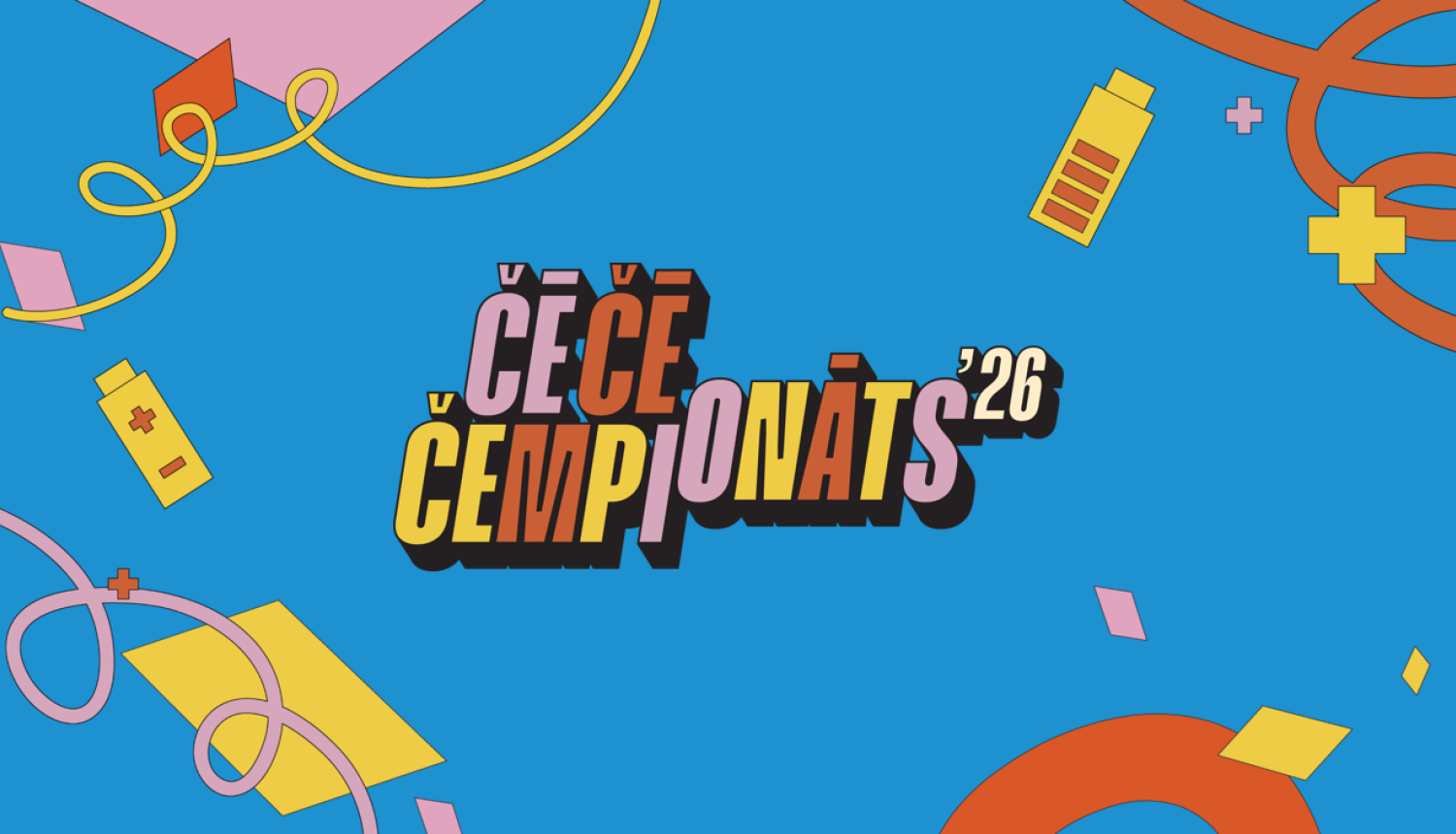 Čē Čē čempionāta logo uz zila fona ar zīmējumiem