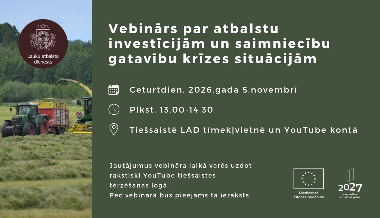 informācijas teksts par vebināru, kreisajā pusē attēls ar traktoru, kas vāc sienu, virs tā logo