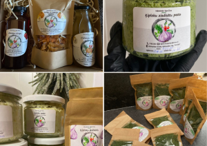 Kolāža ar saimniecības "Aronijas" produkciju.
