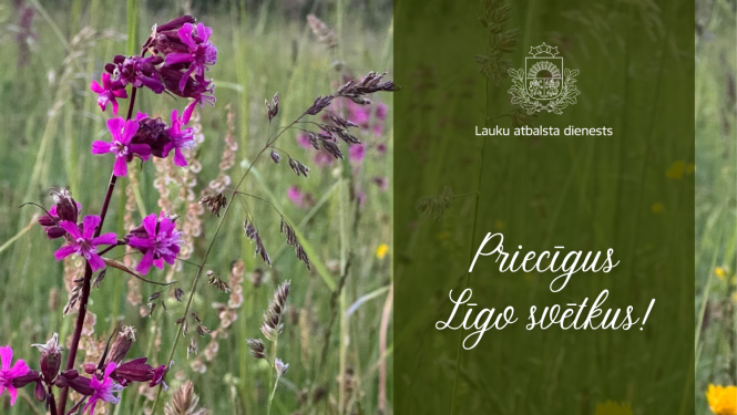 Līgo apsveikums ar LAD logo un ziedošu pļavu