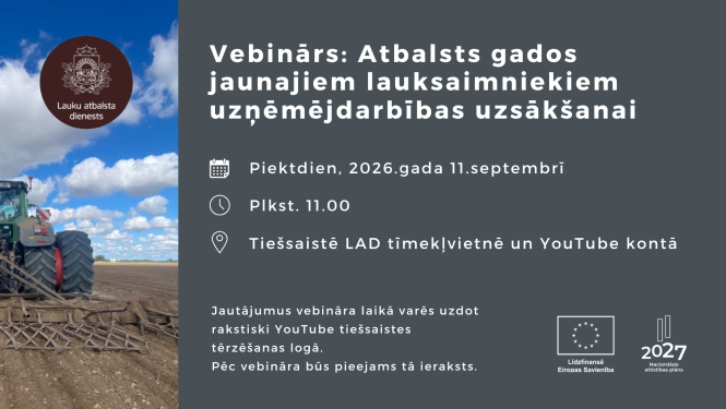 Informācija par vebināra norises laiku, stūrī ES Un NAP logo, malā skats ar traktoru kurš ar zemi