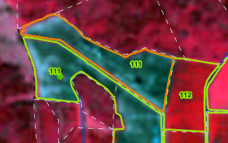 Sentinel-2 satelīta attēls, kas pārveidots infrasarkanajā attēlā ar lauku robežām un kultūras kodiem