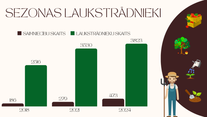 Dati par sezonas laukstrādnieku un saimniecību skaitu