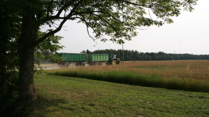 Traktors ar piekabi ved ražu pa lauku ceļu