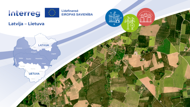 Interreg logo un Latvijas-Lietuvas kartes ar zaļu satelītattēla fragmentu