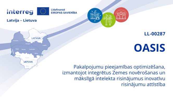 Interreg logo un Latvijas-Lietuvas kartes ar informāciju par OASIS projektu