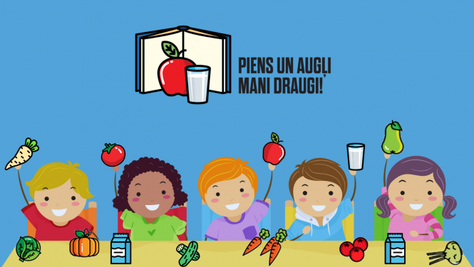 Programmas logo zem kura zīmējums - bērni ar programmas produktiem rokās