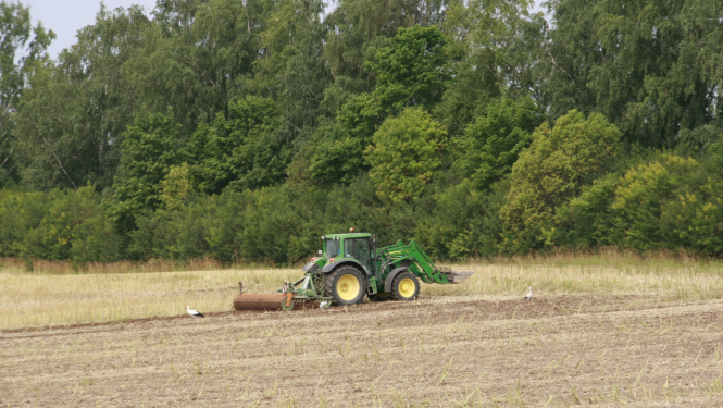 Zaļš traktors apstrādā lauku