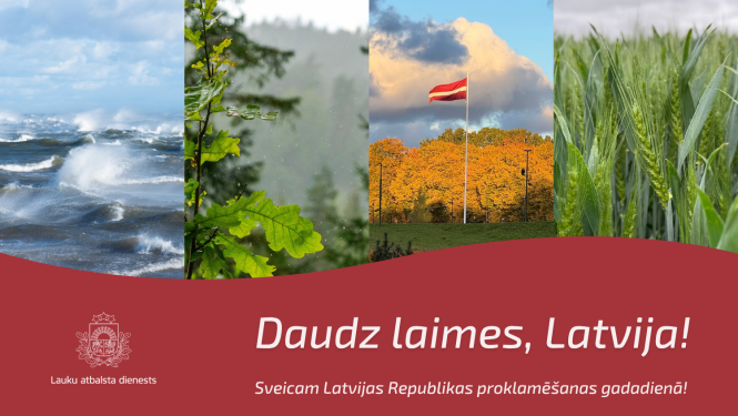 Apsveikums svētkos ar jūras skatu, meža skatu, vārpām un Latvijas karogu