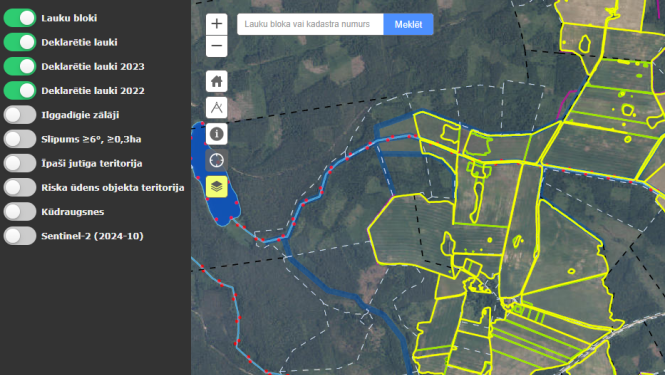 Lauku bloku karte ar aktivizētiem deklarēto lauku slāņiem