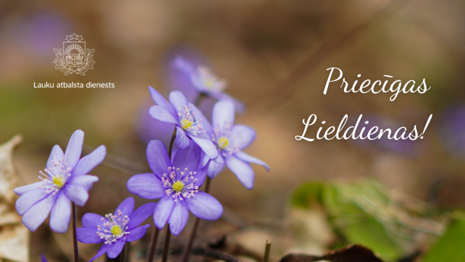 Asveikums Lieldienās ar zilām pavasara puķītēm, apsveikuma tekstu un LAD logo