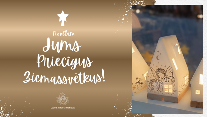 Ziemaasētku apsveikums ar novēlējuma tekstu eglītes formā un gaismas lampiņu-mājiņu