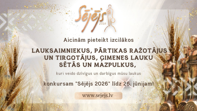 Sējējs plakāts ar tekstu pa vidu un vārpām gar malām