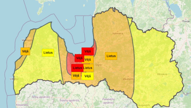 Latvijas karte ar brīdinājumiem par laikapstākļiem