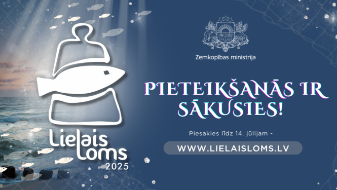 Uz zila fona Lielais loms balvas zīmējums un uzraksts Pieteikšanās ir sākusies