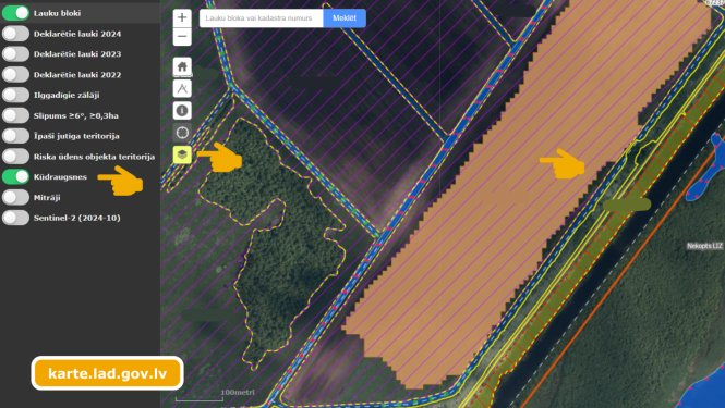 LAD publiskās kartes fragments, kurā redzamas atzīmētās kūdraugsnes