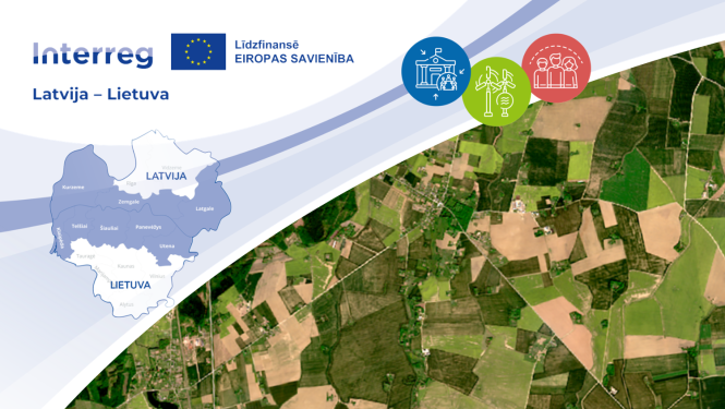 Interreg logo un Latvijas-Lietuvas kartes ar zaļu satelītattēla fragmentu