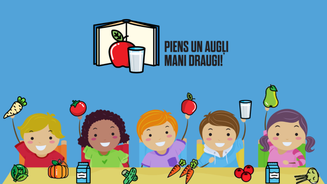 Programmas logo zem kura zīmējums - bērni ar programmas produktiem rokās