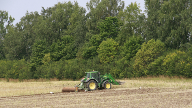 Zaļš traktors apstrādā lauku