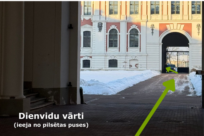 Jelgavas pils ieeja ar norādēm