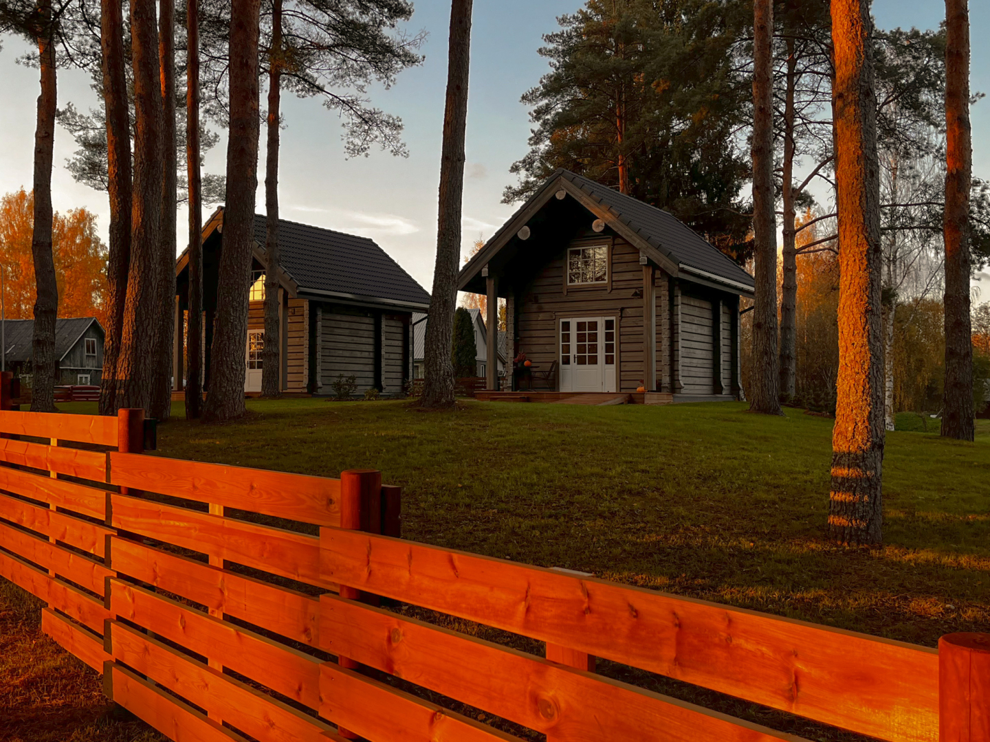 Divas mājiņas starp priedēm, priekšplānā sarkanīga dēļu sēta