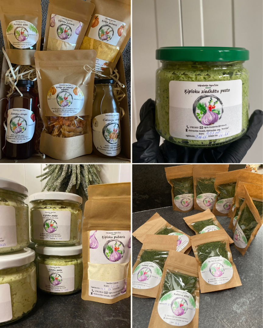 Kolāža ar saimniecības "Aronijas" produkciju.