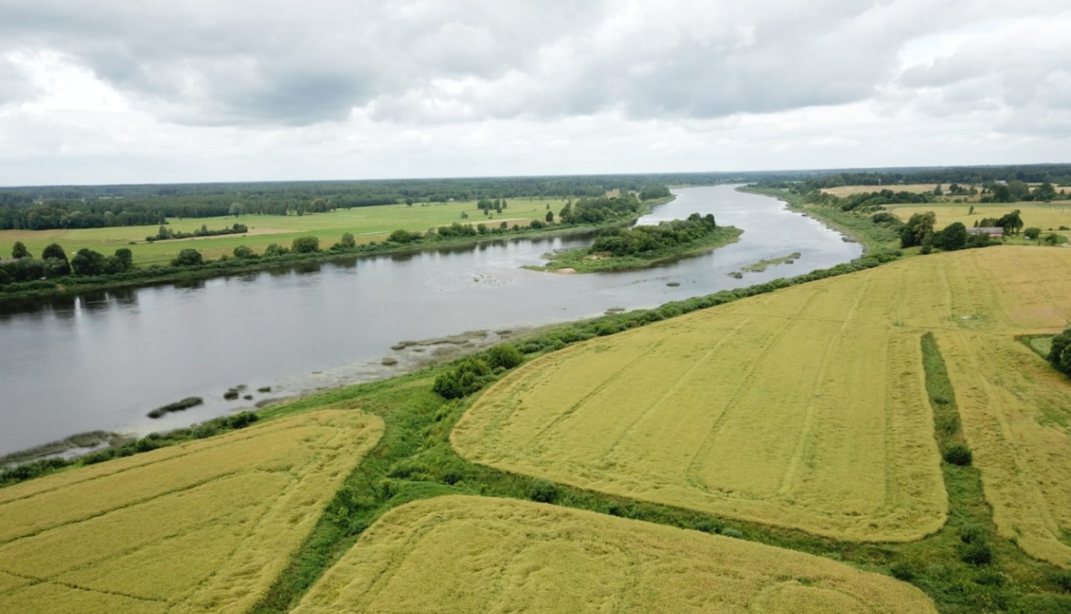 Labības lauki un upe fotografēti ar dronu