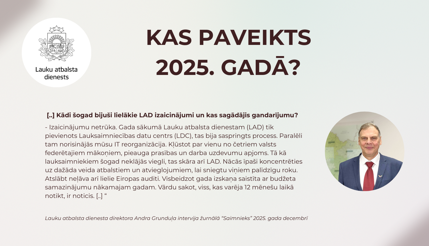 Kas paveikts 2025.gadā ar intervijas tekstu, LAD logo un direktora portretu