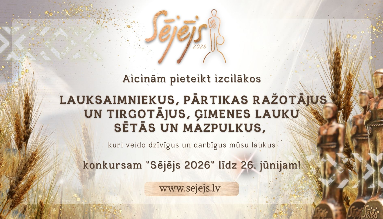 Sējējs plakāts ar tekstu pa vidu un vārpām gar malām