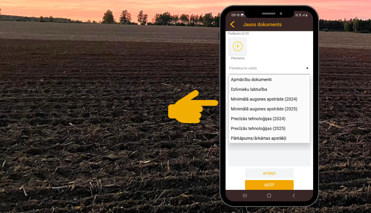 LAD mobilās lietotnes aktuālais skaits ar pieteikuma veidu sarakstu, fonā uzrats lauks