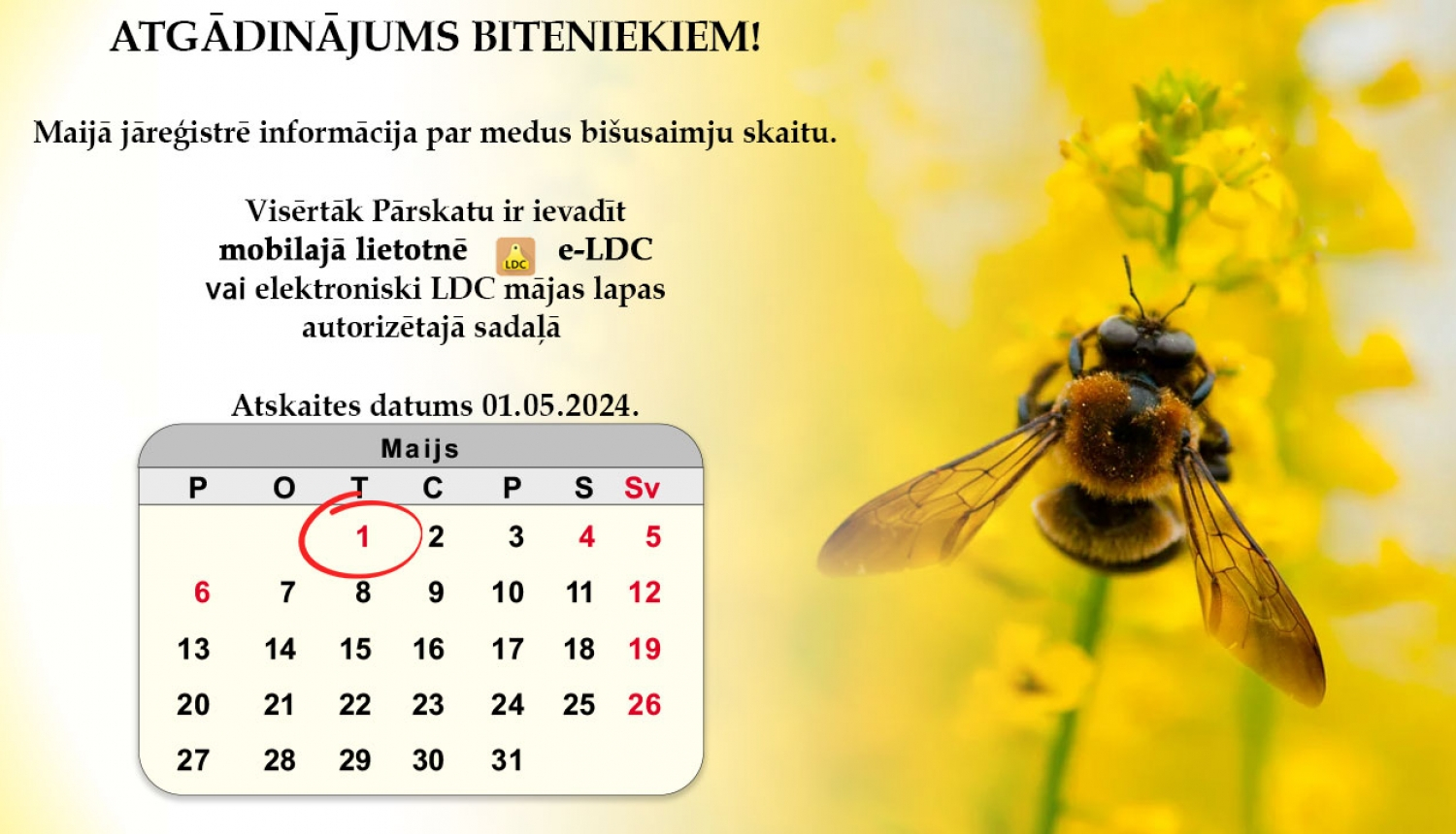 Atgādinājums bišu saimju īpašniekiem ar kalendāru un biti