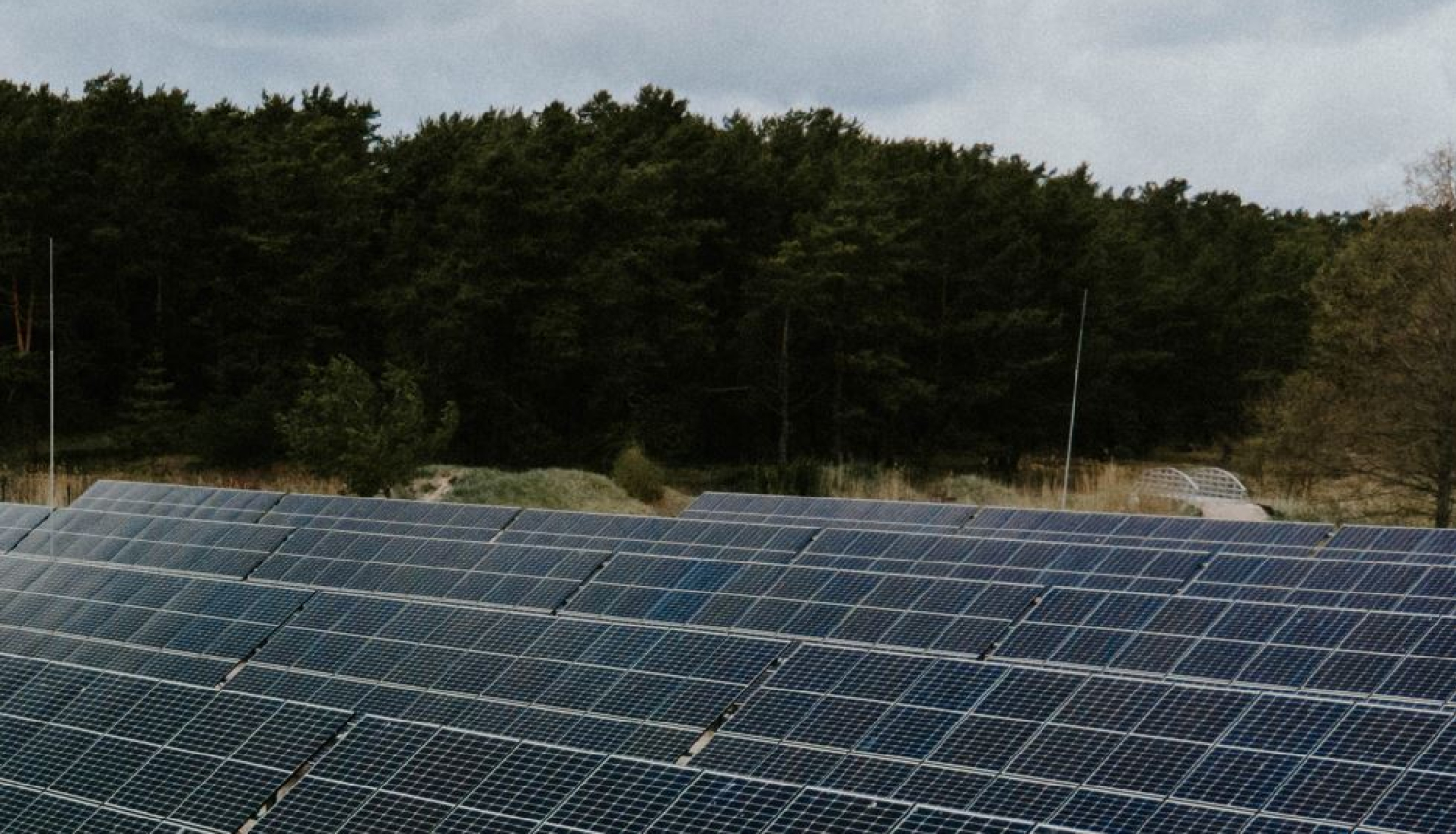 Fonā zilas debesis un zaļš mežs, priekšplānā saules paneļi.