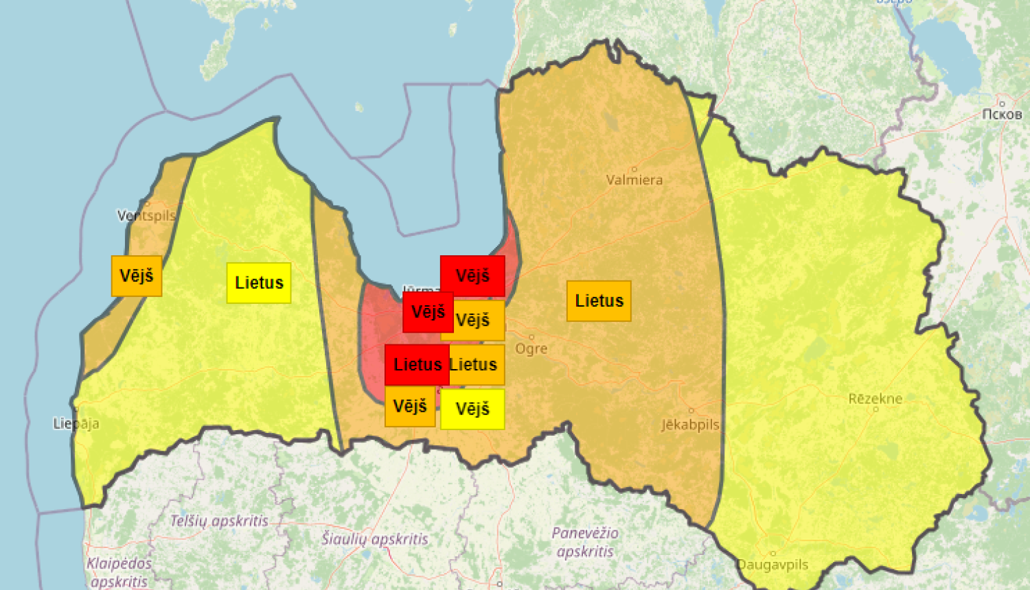 Latvijas karte ar brīdinājumiem par laikapstākļiem