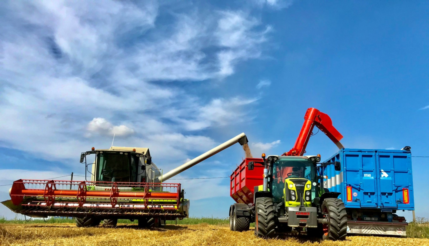 Kombains un traktors uz lauka ražas laikā