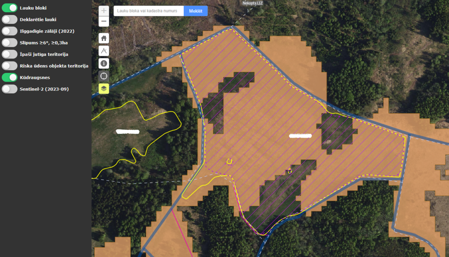Kūdraugšņu slānis lauku bloku kartē