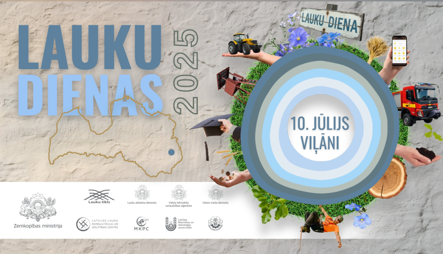 Lauku dienu plakāts ar uzrakstu lauku dienas un apļveida zīmējumu