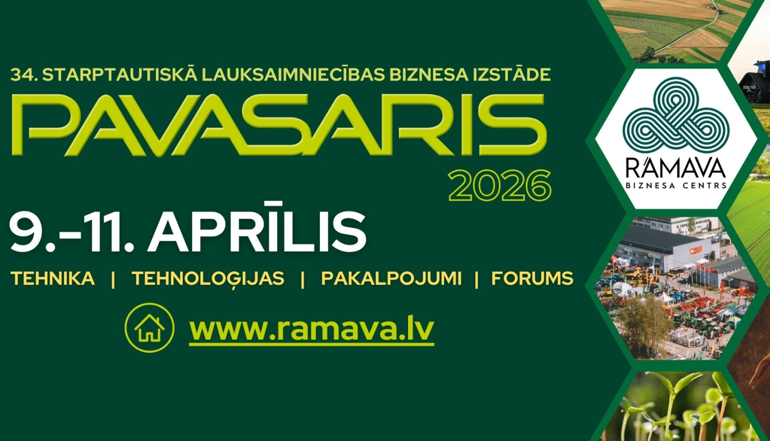 Izstādes Pavasaris plakāts ar pasākuma datumiem, vietu, logo un dažiem ilustratīviem attēliem no pasākuma vietas