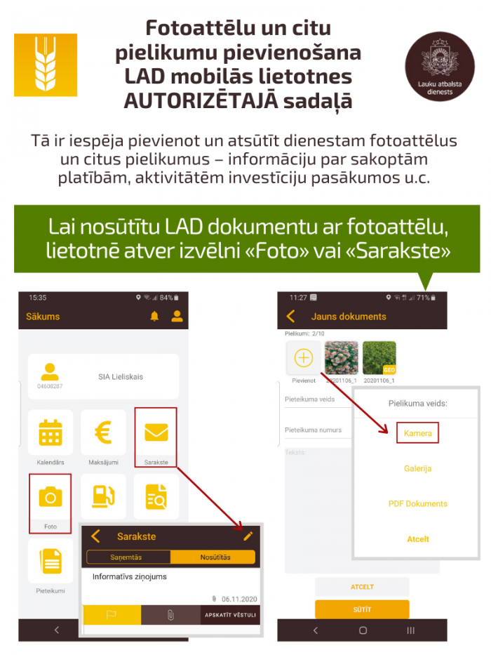 Infografika "Fotoattēlu un citu pielikumu pievienošana LAD mobilās lietotnes AUTORIZĒTAJĀ sadaļā "