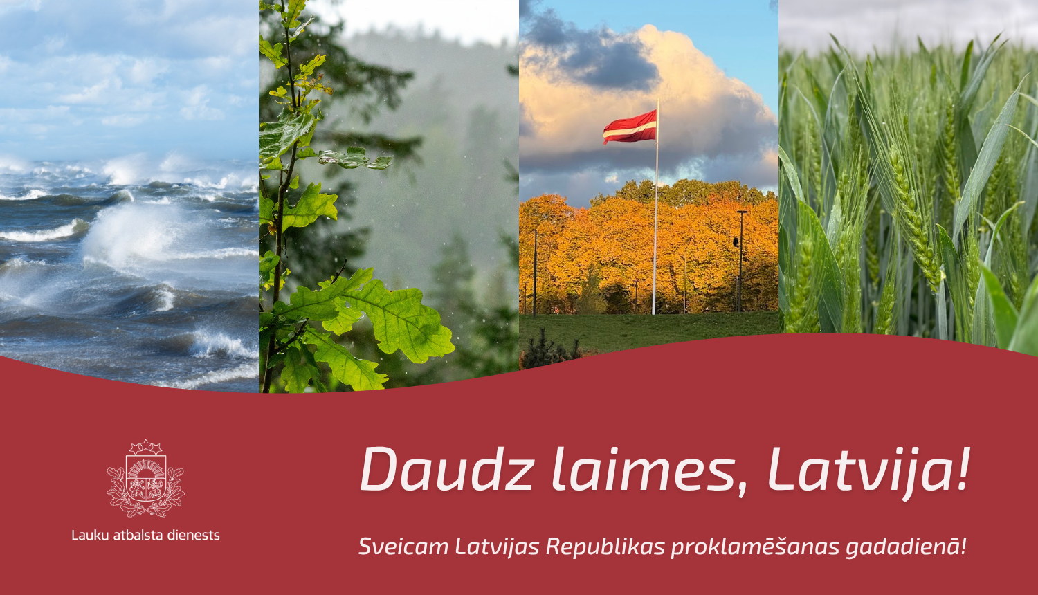 Apsveikums svētkos ar jūras skatu, meža skatu, vārpām un Latvijas karogu