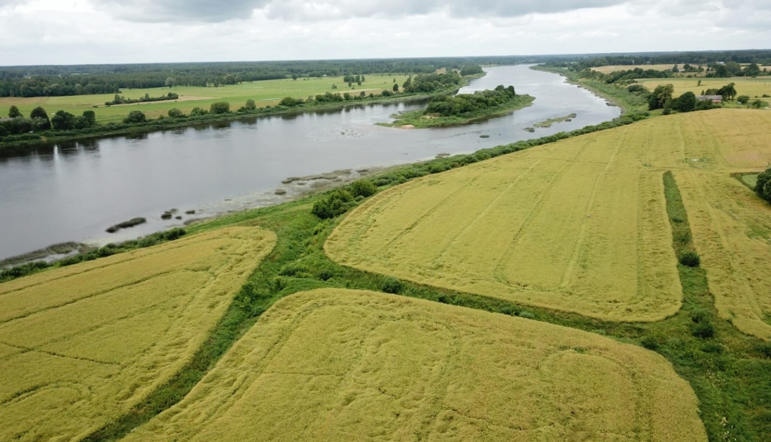 Labības lauki un upe fotografēti ar dronu
